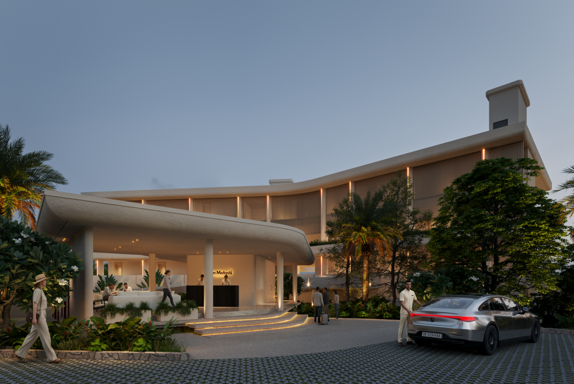 MEL A Exterior Dusk Facade North 3 People